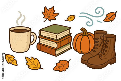 Autumn essentials vector set with cozy coffee cup, books, pumpkin, boots. Fall season flat cartoon illustration collection. Hygge concept with warm drink, reading, leaves.