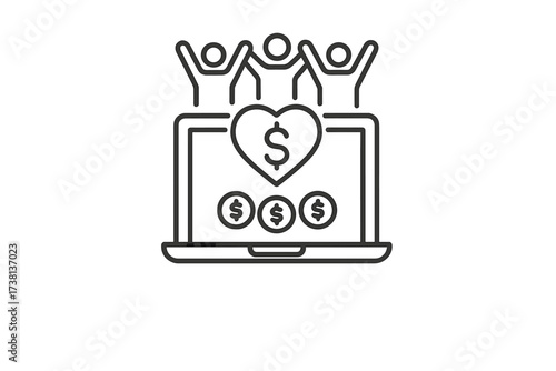 Crowdfunding line icon. Online fundraising, community support, collective donation, digital giving. Charity project, startup investment, financial technology, social project finance.