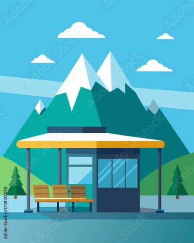 A remote bus stop in the mountains was equipped with a solar charging shelter showcasing the advances of technology and its ability to bring convenience to even the most isolated. Vector illustration