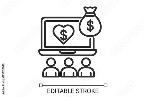 Crowdfunding linear icon. Online fundraising, community support, collective donation and digital giving concept. Thin line vector illustration for charity and sponsorship.
