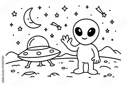 Cute alien character on planet with spaceship. Cartoon outline vector for coloring book page. Extraterrestrial in space. UFO on moon surface under starry sky. Doodle.