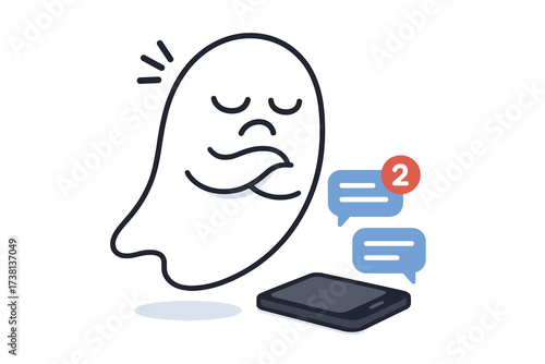 Ghosting concept vector illustration. Cute cartoon ghost ignores chat messages on smartphone. Unread texts, online communication problem. Ignoring, rejection, social media anxiety.