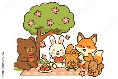 Cute animal friends picnic in spring. Cartoon vector illustration with bear, fox, rabbit, squirrel eating food in nature. Happy forest animals friendship concept on a blanket.