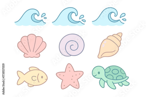 Cute nautical icon set. Kawaii sea animals collection. Marine life elements: wave, shell, starfish, turtle, fish. Vector cartoon illustration in pastel colors for summer design.