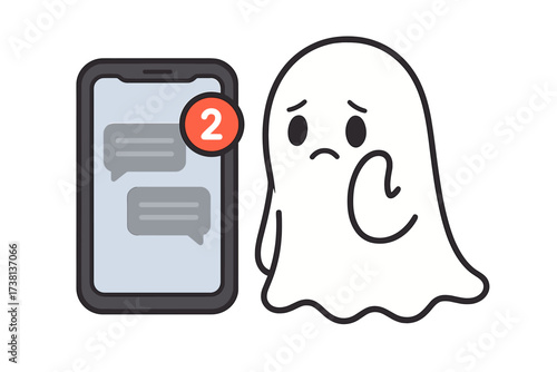 Ghosting metaphor with cute cartoon ghost ignoring unread messages on a smartphone. Ignoring texts, flat vector concept for online chat, digital communication, and social media.
