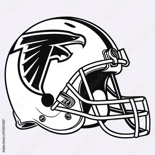 A stylized depiction of a white football helmet with a falcon logo