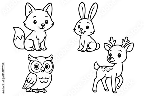 Cute woodland animals vector set. Black and white outline cartoon characters for kids coloring book page. Forest animal collection with fox, rabbit, owl and deer illustration.