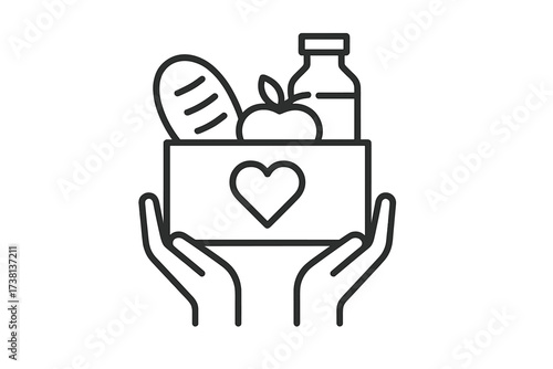 Food donation and charity concept. Hands holding a box with groceries for the poor. Humanitarian aid, volunteering and community support. Hunger relief and social help vector line icon.