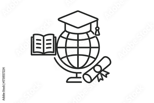 Global education icon for worldwide studies and international learning. Concept of knowledge, scholarship, and graduation. University degree and academic achievement symbol.