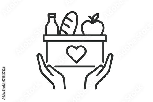Food donation line icon for charity. Hands holding box with heart symbol. Concept of community support, volunteering, kindness, and help. Vector for hunger and poverty relief.