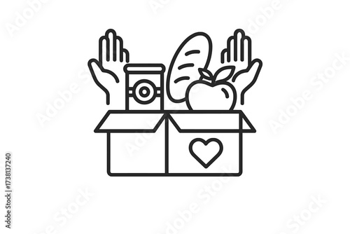 Food donation icon with box of groceries. Concept for charity, community support, volunteering, and kindness. Help for hunger and poverty. Food bank, nutrition aid concept.