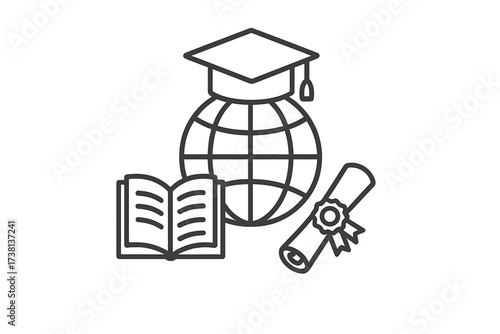Global education icon for worldwide studies and learning. Concept of knowledge, graduation, and scholarship. University degree and international academic achievement vector.