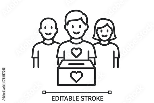 Group of people volunteering icon showing unity, community, and teamwork. Concept for collaboration, donation, and charity. Vector thin line illustration with editable stroke.
