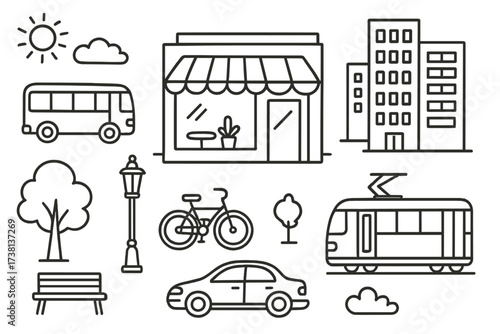 City life icon set. Hand drawn outline doodle style. Urban elements with transport, car, bus, tram, bicycle. Coffee shop, buildings, park bench, street lamp. Vector cartoon.