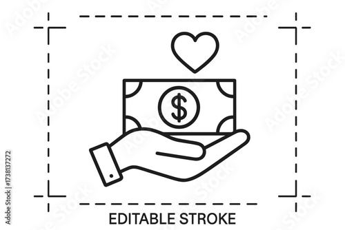 Donation and charity thin line icon. Hand giving money bill with heart. Financial support, sponsorship, funding concept. Generosity, kindness, help, social care. Vector.