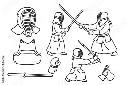 Kendo vector illustration set. Hand drawn doodle of Japanese martial art fighters. Collection includes shinai sword, men helmet, and other traditional samurai armor gear.