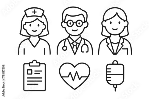 Healthcare professionals icon set. Medical team doctor, nurse. Simple black line art. Vector cartoon illustration of hospital staff, clipboard, heart ecg and iv drip bag.