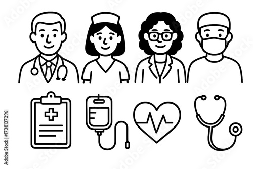 Healthcare professionals icon set. Medical team avatars. Doctor, nurse, surgeon characters. Medicine line art. Hospital equipment, cardiology, stethoscope, iv drip. Vector.