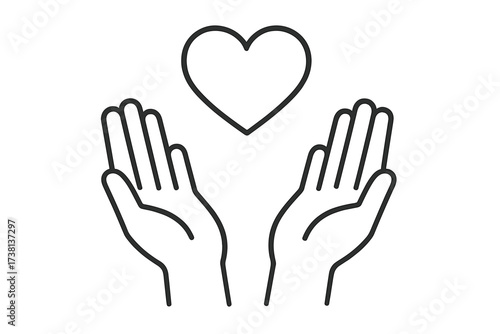 Hands with heart line icon. Symbol of compassion, help, and emotional support. Concept for charity, love, hope, donation, and volunteering. Reaching out, helping hand vector.
