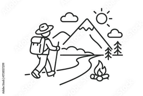 Hiker walking on scenic trail towards mountain with campfire. Minimalist line art vector illustration. Outdoor adventure, trekking, and backpacking concept for nature lovers.