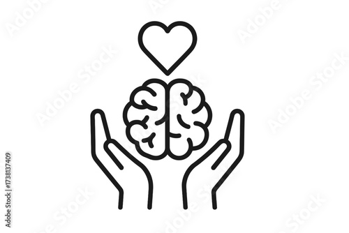 Mental health protection icon. Emotional support and psychological care. Hands holding brain with heart symbol. Brain wellness. Psychology. Mind awareness. Therapy concept vector.