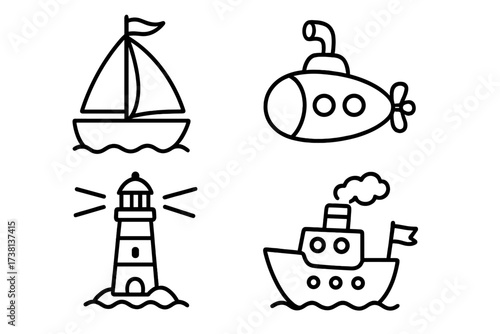 Simple nautical line art collection. Set of isolated vector icons including sailboat, submarine, steamship, and lighthouse. Marine transport and sea adventure cartoon drawings.