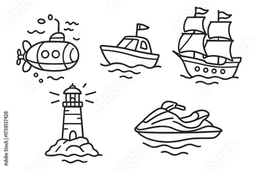Set of nautical line art icons. Sea and ocean transport collection. Features submarine, motorboat, sailing ship, lighthouse, and jet ski. Vector cartoon doodle illustrations.