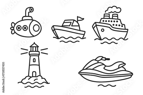 Nautical line art icon set. Sea transport collection with submarine, boat, cruise ship, lighthouse and jet ski. Vector cartoon illustration for maritime and travel design.