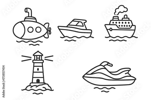 Nautical line art icon set. Vector cartoon illustration of submarine, speedboat, cruise ship, lighthouse, and jet ski. Water transport and maritime travel collection icons.