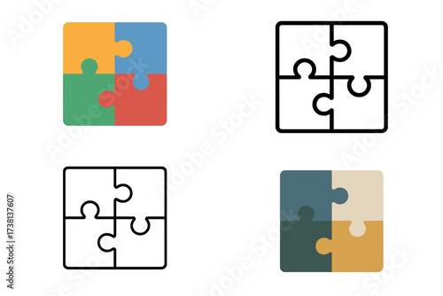 Four puzzle pieces icon set. Jigsaw graphic for business strategy, teamwork, and problem-solving. Concepts of connection, partnership, and startup solutions. Colorful & line styles.