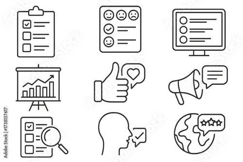 Survey and feedback line icon set. Editable stroke symbols for polls, data analysis, customer satisfaction, market research, and public opinion. Vector rating and review signs.