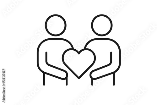 Two people holding a heart icon for love, compassion, unity, and partnership. Vector line illustration symbolizing relationship, support, charity, donation, care, and community.