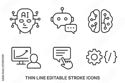 AI machine learning icon set. Thin line editable stroke signs. Artificial intelligence, chatbot, neural networks, training models, prompts, accuracy, API, data science.