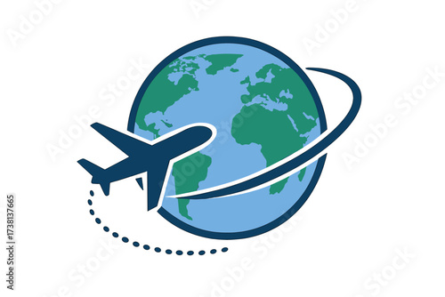 Airplane flying around the world globe icon. International business travel and vacation concept. Global flight path for tourism and transport. Planet earth journey symbol.