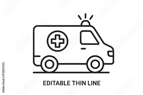 Ambulance thin line icon. Emergency medical transport vehicle. Healthcare rescue service symbol. Vector illustration for hospital, clinic, and first aid. Editable stroke pictogram.