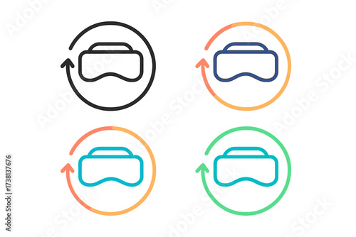Set of 360 degree view icons with VR headset. Virtual reality glasses for immersive panoramic experience. Modern linear stroke vector graphic elements in four color schemes.