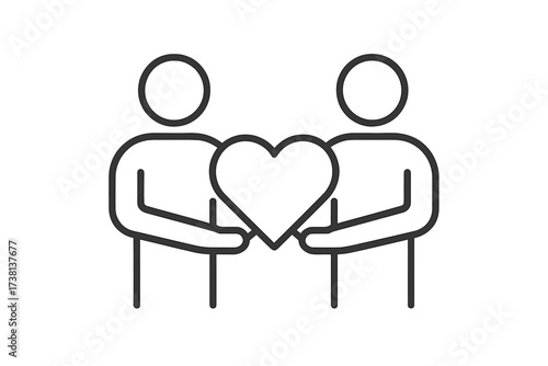 Two people holding heart line icon. Love, compassion, unity, partnership, relationship symbol. Charity, donation, support, teamwork concept. Vector outline illustration.