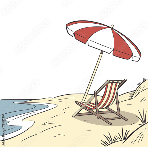 A colorful beach chair and striped umbrella on sandy shore