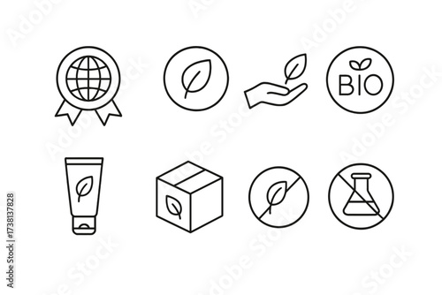 Sustainability and natural product label icon set. Thin line icons for ethical sourcing, organic food, clean beauty, eco friendly packaging, bio, vegan, chemical free guarantee.