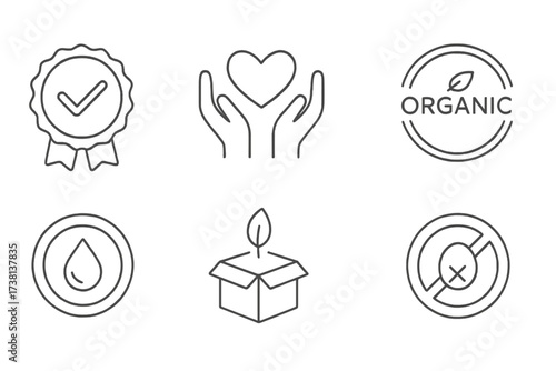 Certifications & product label icon set. Thin line icons for sustainability, natural ingredients, ethical sourcing, organic food, clean beauty. Vector quality, eco, vegan symbols.