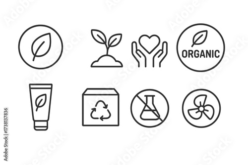 Eco-friendly line icon set for sustainability. Natural organic food and clean beauty labels. Editable stroke vector icons for ethical sourcing, recyclable, and chemical-free.