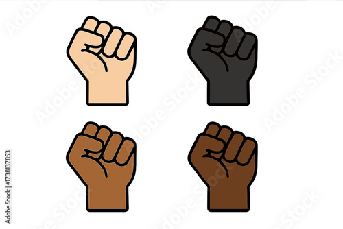 Raised fist icon set. Vector graphic hands. Symbol of protest, freedom, strength, unity, success. Black lives matter. Multicultural solidarity & racial equality concept.