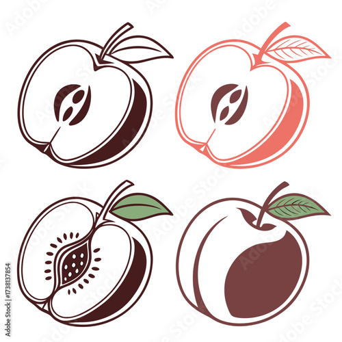 Illustrative depiction of halved and whole apples and peaches in color