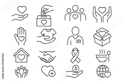 Charity and donation icon set. Thin line vector icons for philanthropy, nonprofit, volunteering, community support, fundraising, humanitarian aid, social welfare, giving, and love.