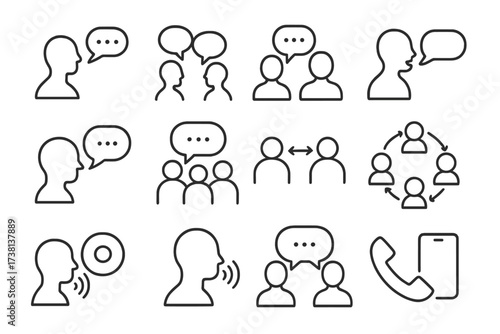 Communication line icon set. People talking, speaking. Icons for dialogue, speech bubble, collaboration, discussion, meeting, teamwork, social interaction, brainstorming, talk.