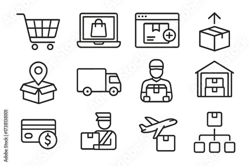 Delivery and e-commerce logistics icon set. Vector line icons for online shopping, shipping process, package tracking, courier services, warehouse, payment, and distribution.