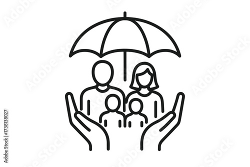 Family life insurance concept. Parents, children protected by umbrella and caring hands. Health, safety, security, and wellbeing icon. Support and protection vector symbol.