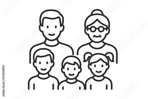 Happy multi-generation family icon. Grandparents, parents, and children together. Vector line art for heritage, family tree, lineage, love, support, community, and relationships.