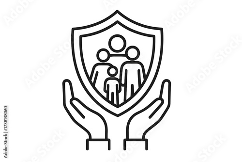 Family protection icon. Concept of security, unity, care, safety, and collective wellbeing. Hands holding a shield with people inside. Life insurance and support symbol.