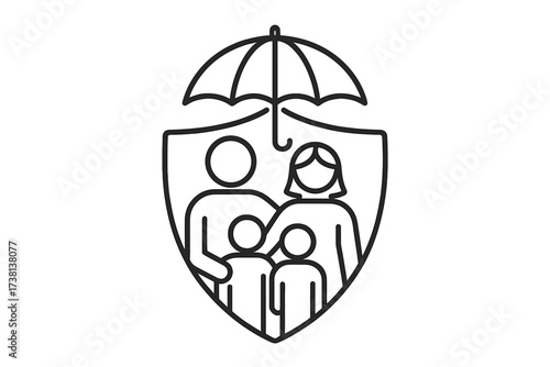 Family protection icon for security, unity, care, safety. Collective wellbeing concept. Life and health insurance metaphor. Parents and children protected by shield and umbrella.